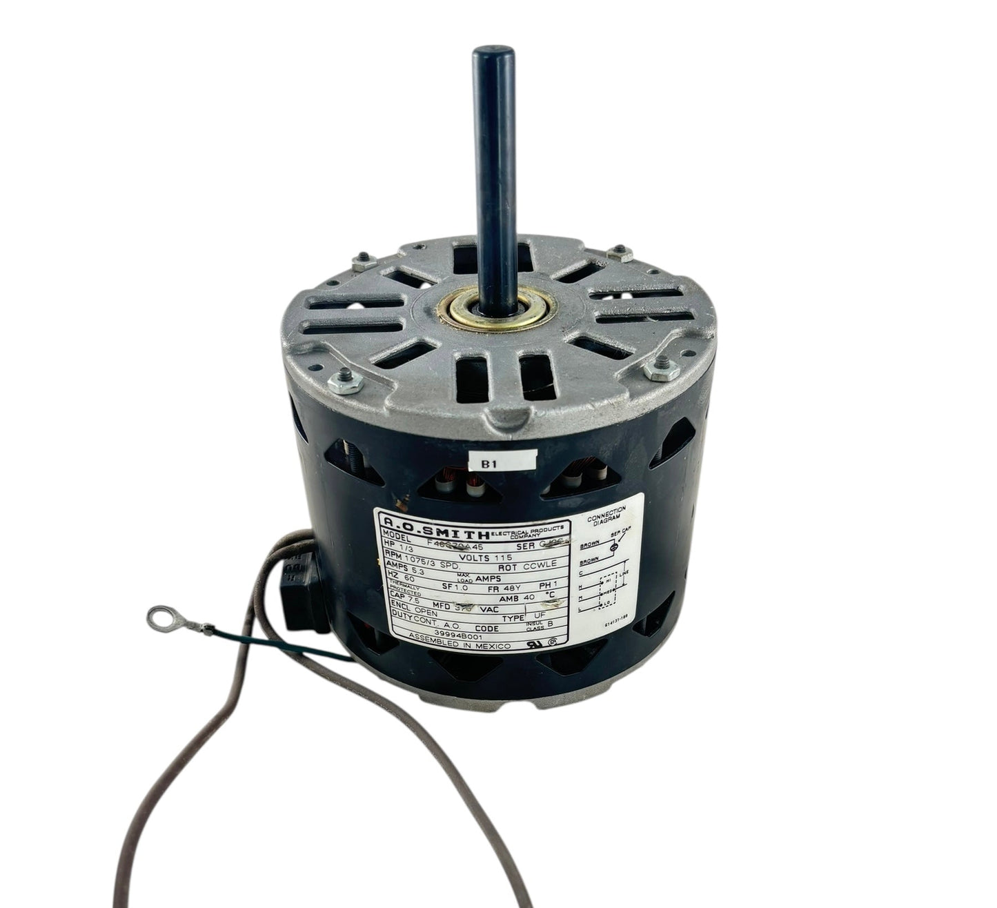 A O SMITH 115V Blower Fan Motor 1/3 HP 1050 RPM, 3SPD F48G70A45 (Refurbed)