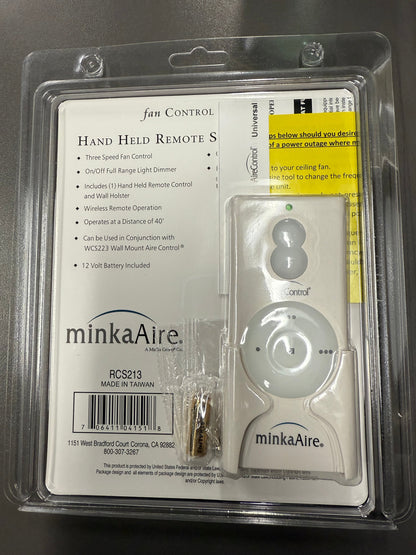 Minka-Aire 3-Speed 256 Bit Handheld Ceiling Fan Remote Control - White - RCS213, TR110A, KUJCE10007