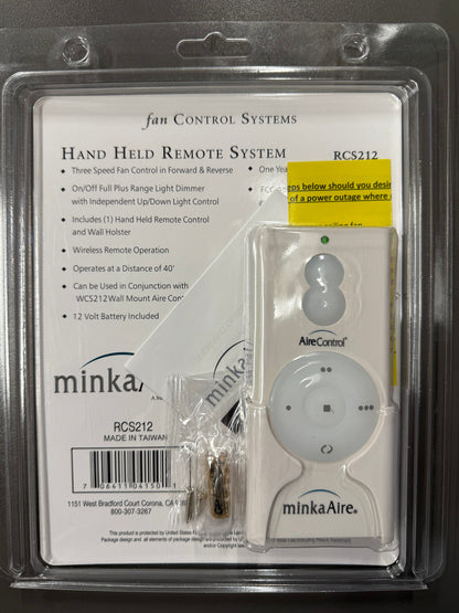 Minka-Aire 3-Speed 256 Bit Handheld Ceiling Fan Remote Control with Reverse Key - White - RCS212, TR110A, KUJCE10007