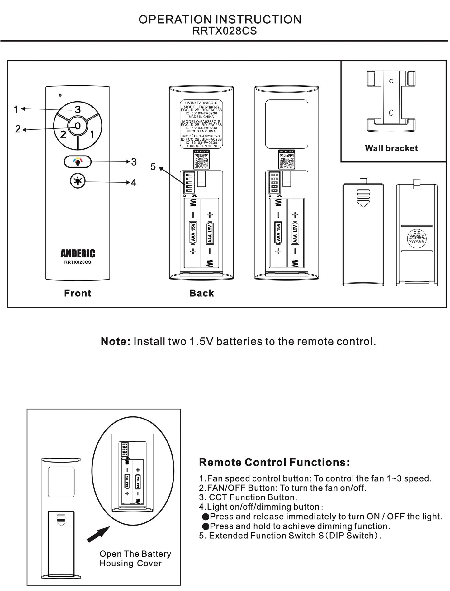 Anderic RRTX028CS Replacement Ceiling Fan Remote Control for Hampton Bay and Home Decorators Collection - TX028C-S