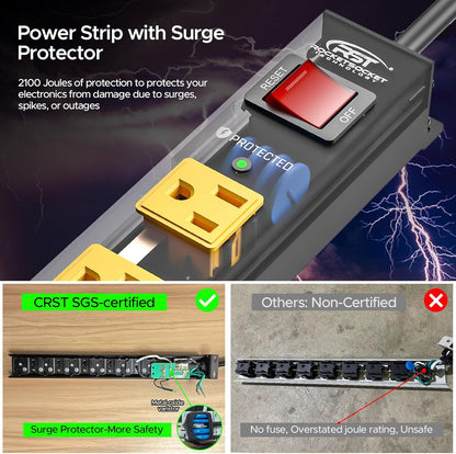 CRST 2-Pack 8-Outlet Heavy Duty Metal Power Strip, 2100J Surge, Mountable, SGS Certified