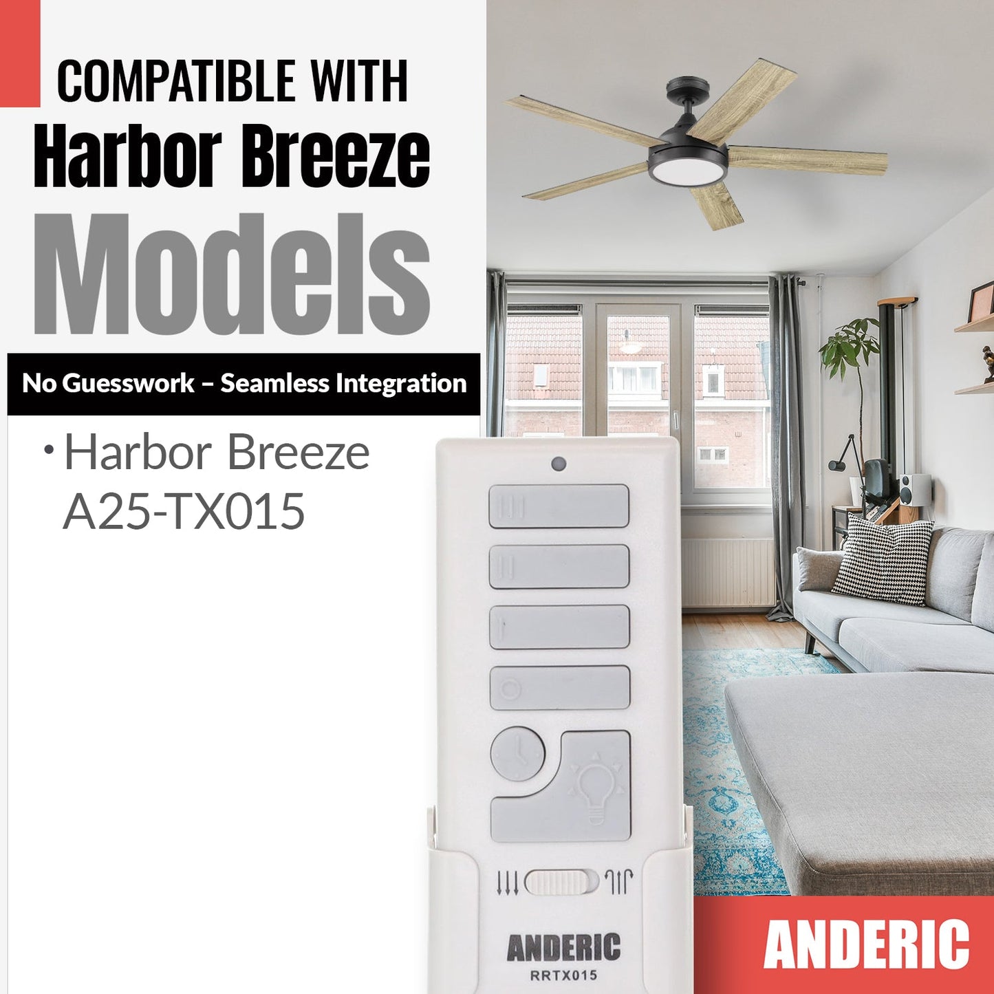 Anderic RRTX015 Replacement Ceiling Fan Remote Control for Harbor Breeze A25-TX015A