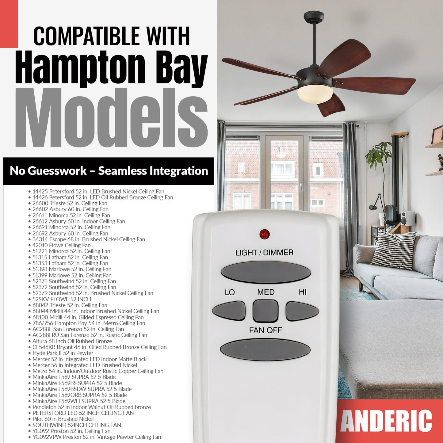 Anderic FAN-HD (UC7078T) Ceiling Fan Remote Control for Hampton Bay - RR7079T