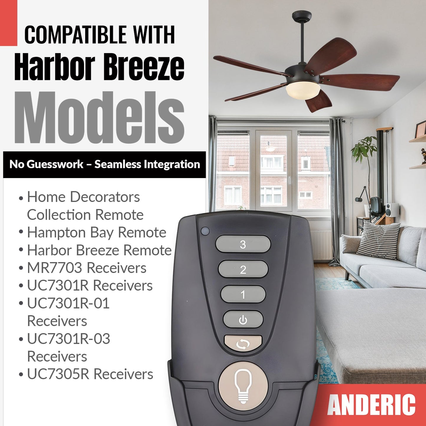 Anderic RR7222T Replacement Ceiling Fan Remote Control for Home Decorators Collection and Others | UC7222T, CHQ7222T