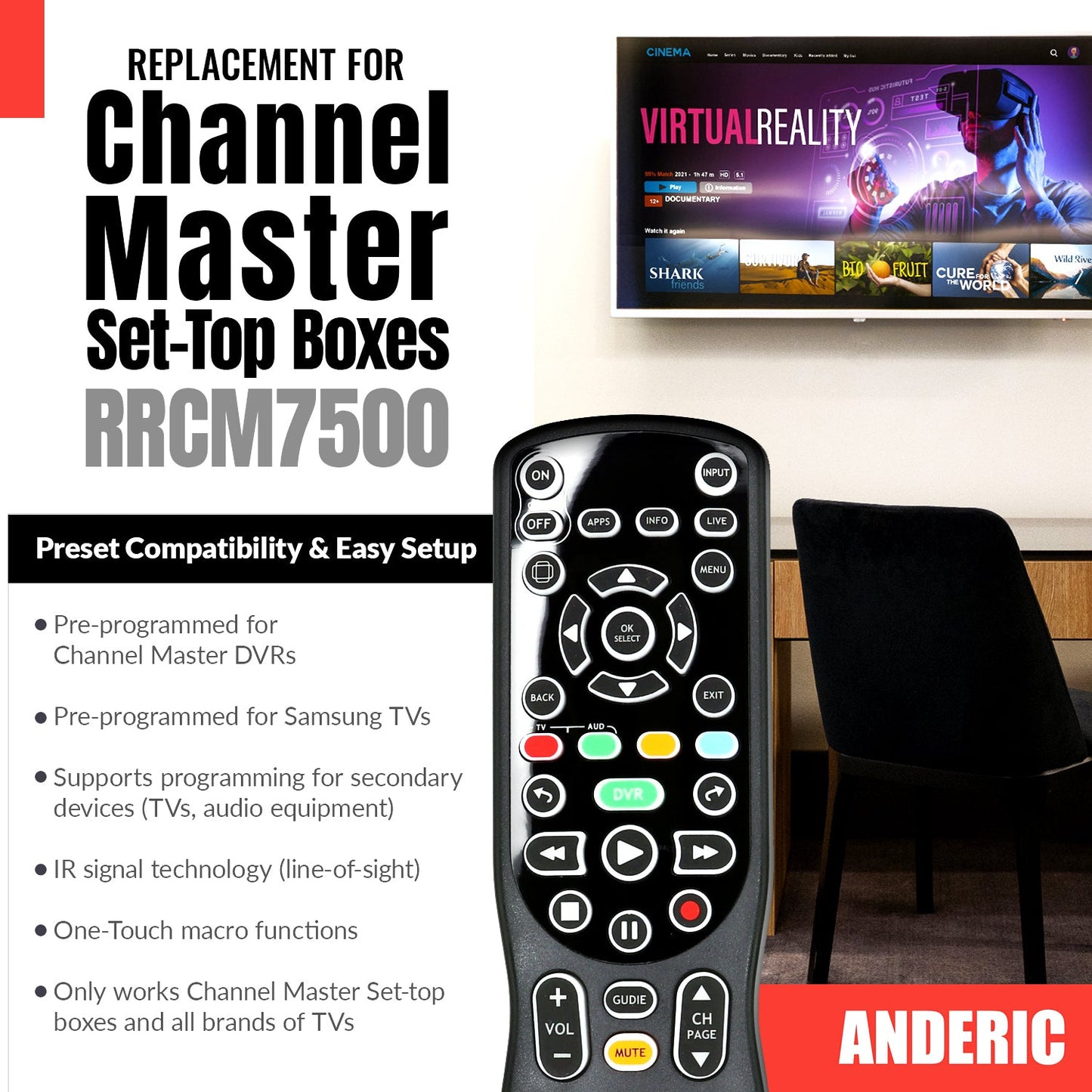 Anderic RRCM7500 Replacement Remote Control for Channel Master CM7500XRC2 DVR+ Over the Air Cable box