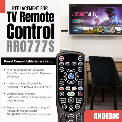 Substitute for Anderic RR0777S Universal 4-Device Remote Control for Pre-programmed for Panasonic TVs [RRU401]