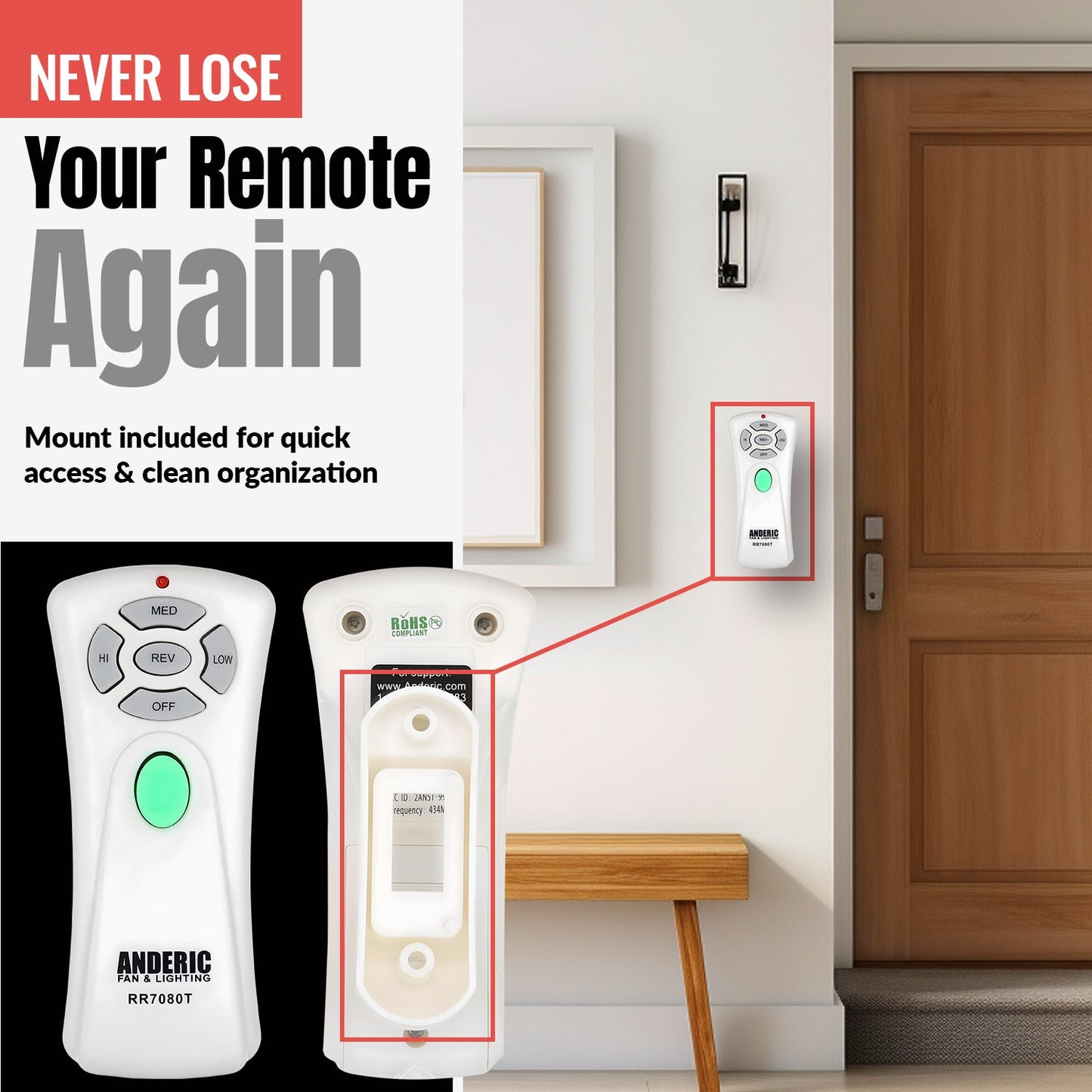 Anderic RR7080T (UC7080T) Ceiling Fan Remote Control for Hampton Bay | CHQ7080T | Up Light | Down Light | Reverse