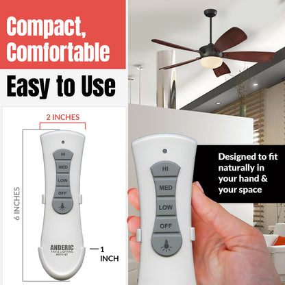 Anderic RR7216T Ceiling Fan Remote Control for UC7216T, CHQ7216T | RF | 4-DIP Pairing | 304 MHz