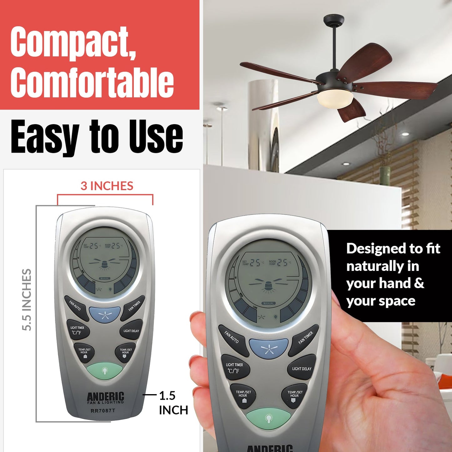 Anderic RR7087T Replacement Thermostatic Ceiling Fan Remote Control with Fan Timer Key | CHQ7087T