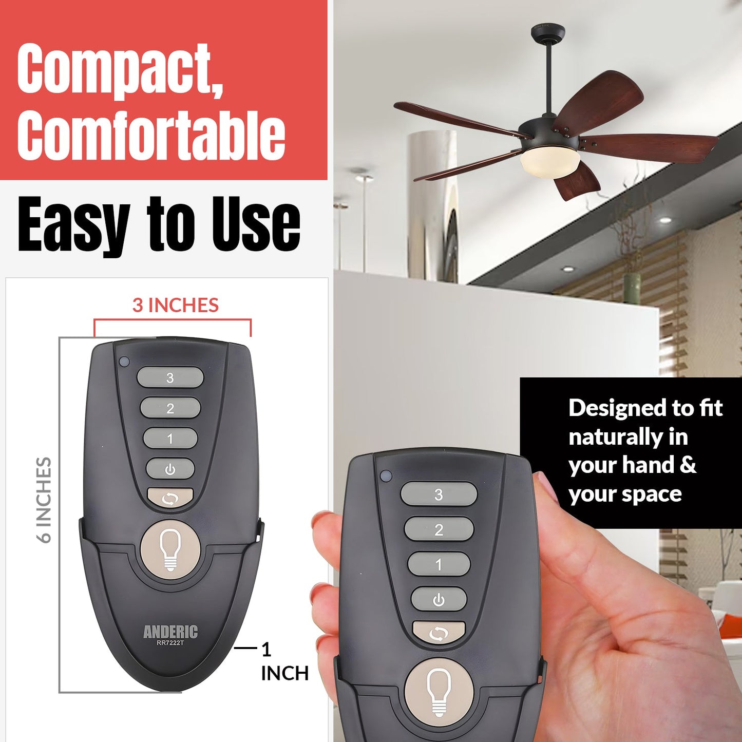 Anderic RR7222T Replacement Ceiling Fan Remote Control for Home Decorators Collection and Others | UC7222T, CHQ7222T