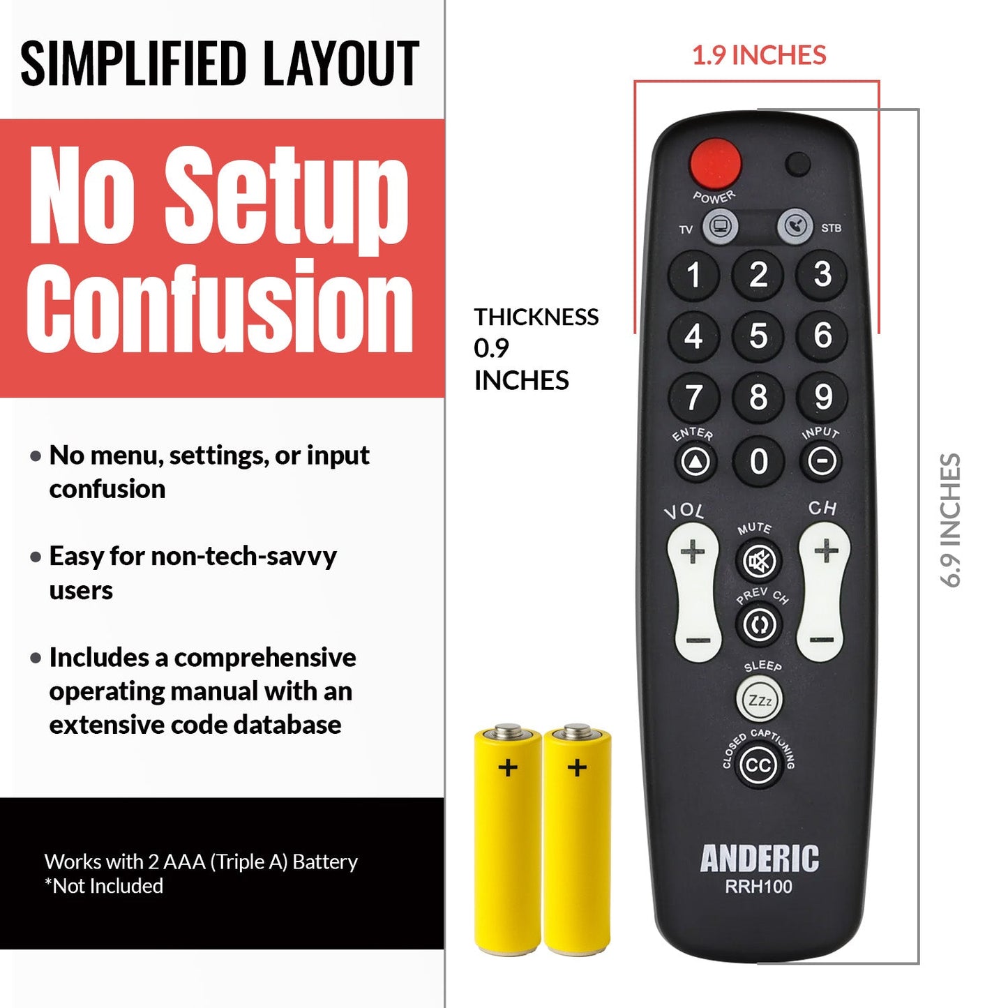 Anderic RRH100 2-Device Universal Remote Control for Hospitality TVs and Cable/Satellite/STB Boxes with Learning