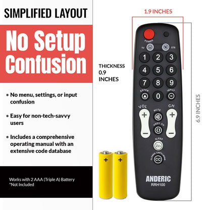Anderic RRH100 2-Device Universal Remote Control for Hospitality TVs and Cable/Satellite/STB Boxes with Learning