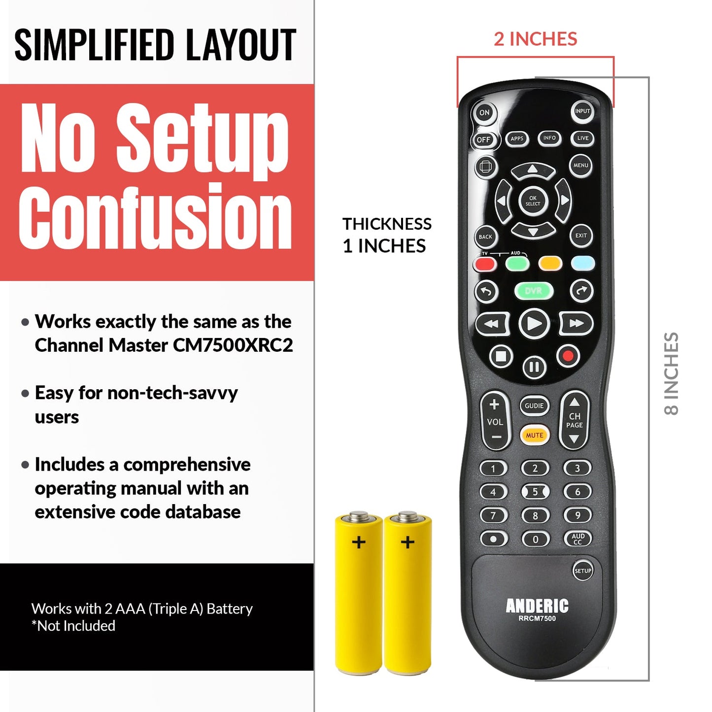 Anderic RRCM7500 Replacement Remote Control for Channel Master CM7500XRC2 DVR+ Over the Air Cable box