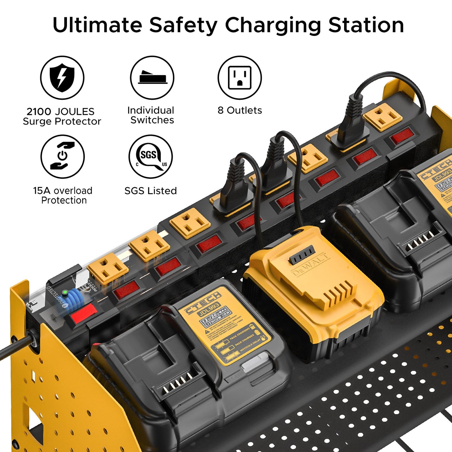 3 Layers Power Tools Organizer Wall Mount with Charging Station, Garage Tool Storage Rack Shelf with 8-Outlet Individual Switches Power Strip