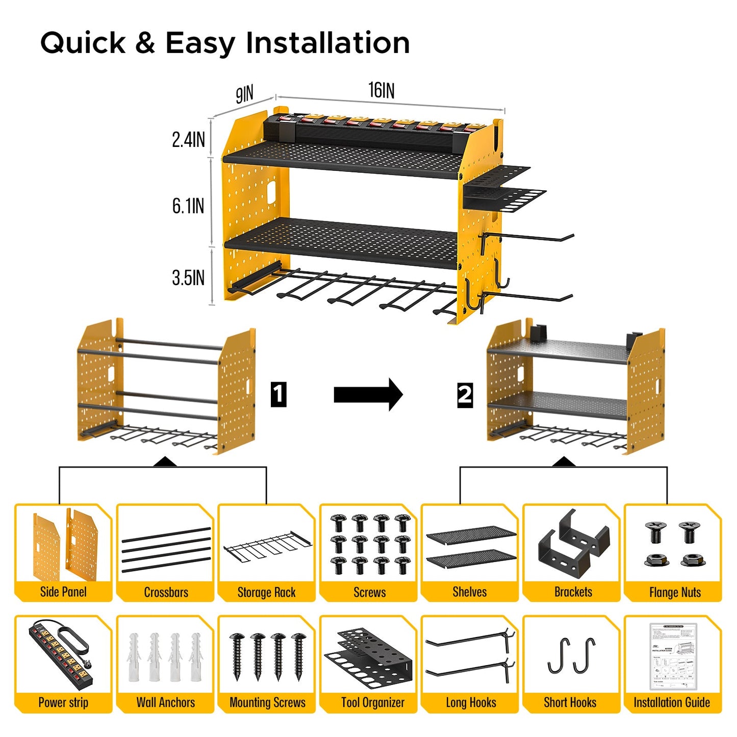 3 Layers Power Tools Organizer Wall Mount with Charging Station, Garage Tool Storage Rack Shelf with 8-Outlet Individual Switches Power Strip