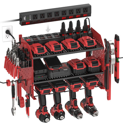 3 Layers Power Tools Organizer Wall Mount with Charging Station, Garage Tool Storage Rack Shelf with 8-Outlet Individual Switches Power Strip