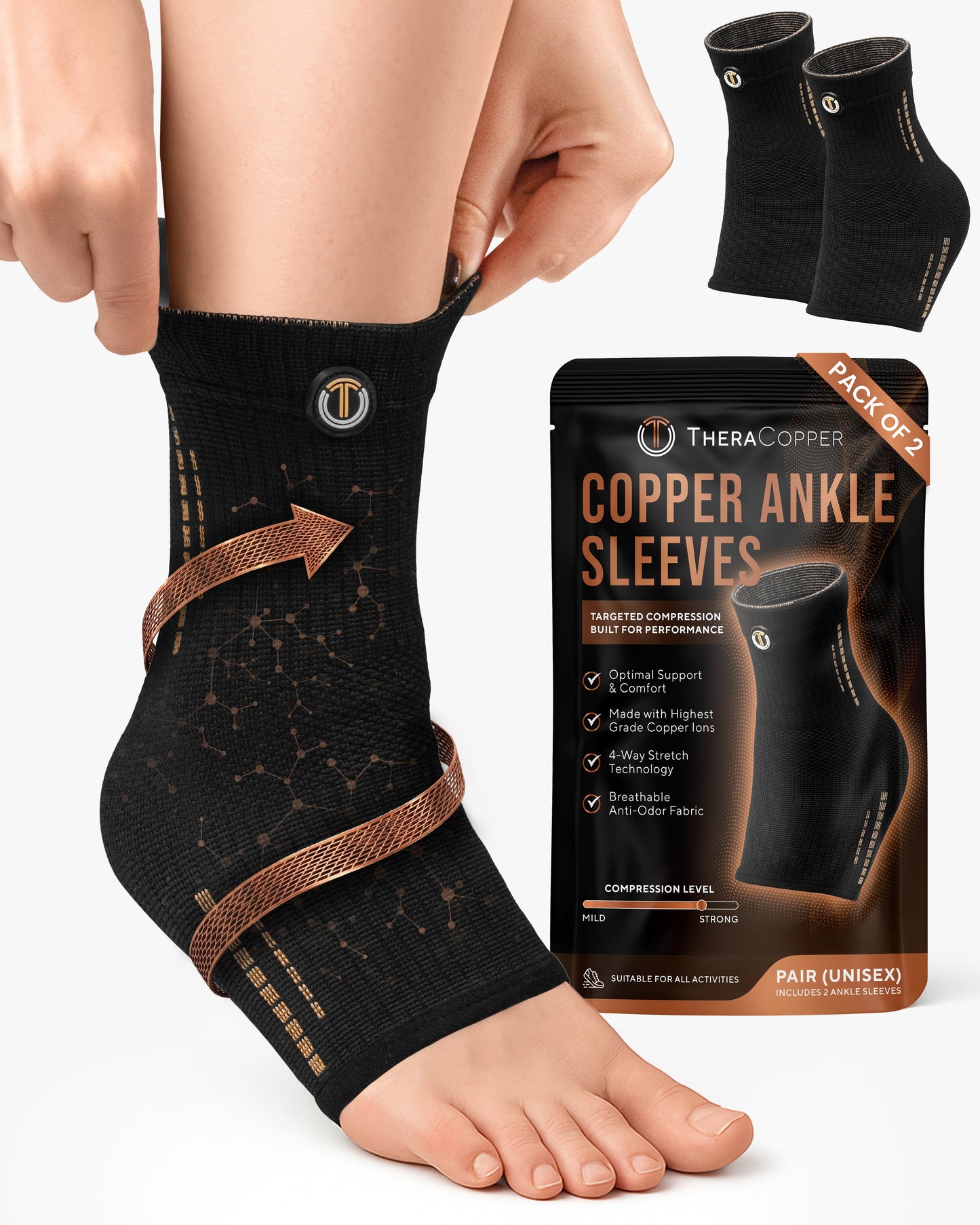 Copper Compression Ankle Brace Sleeves (2 Pack)