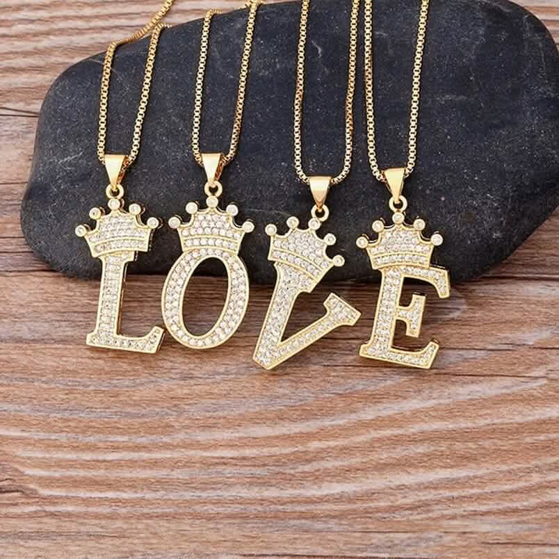 A-Z Alphabet Initial Crown Pendant Necklace