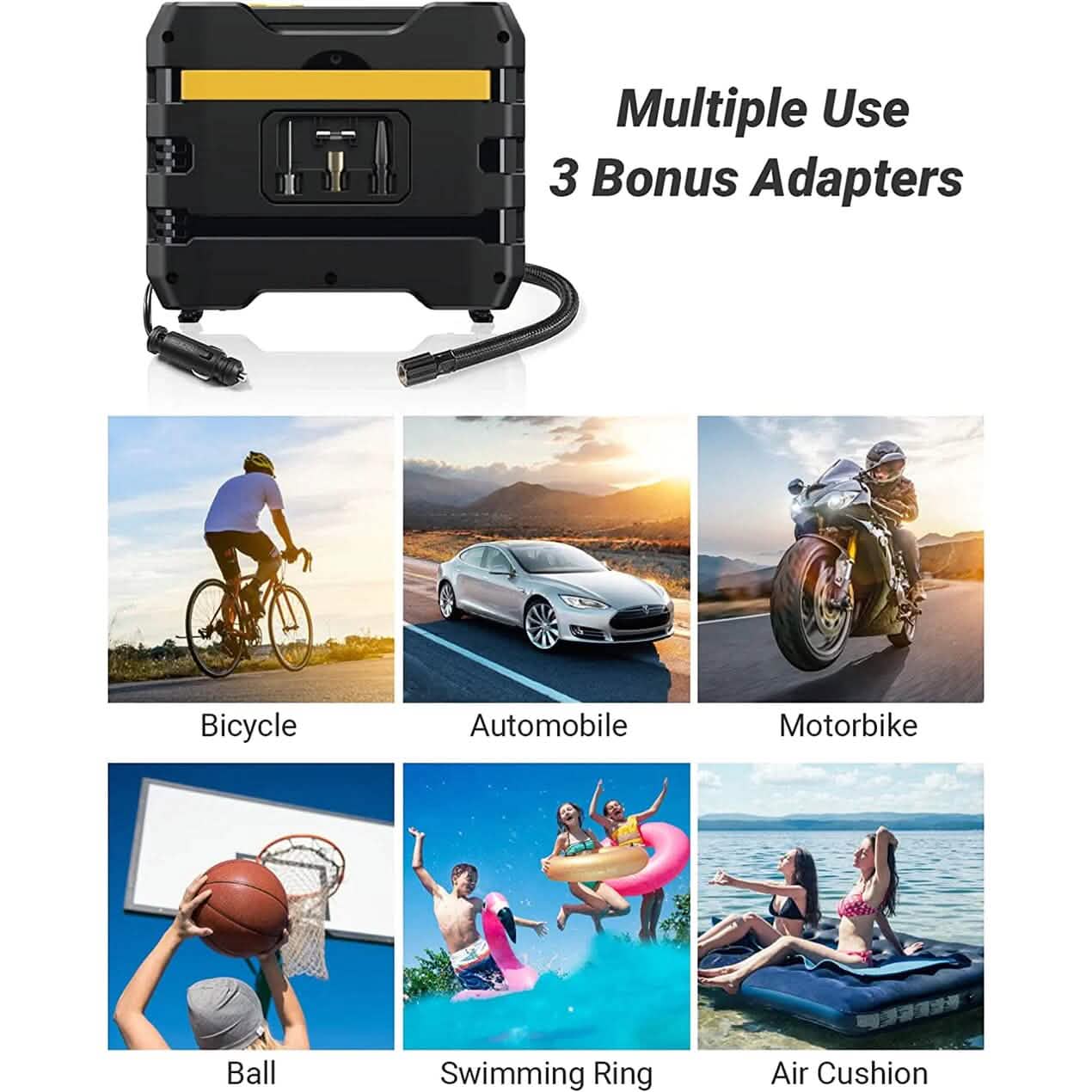 A6 Car Tire Inflator 12V DC Air Compressor Portable Multifunctional Tire Pump 3 LED Lights