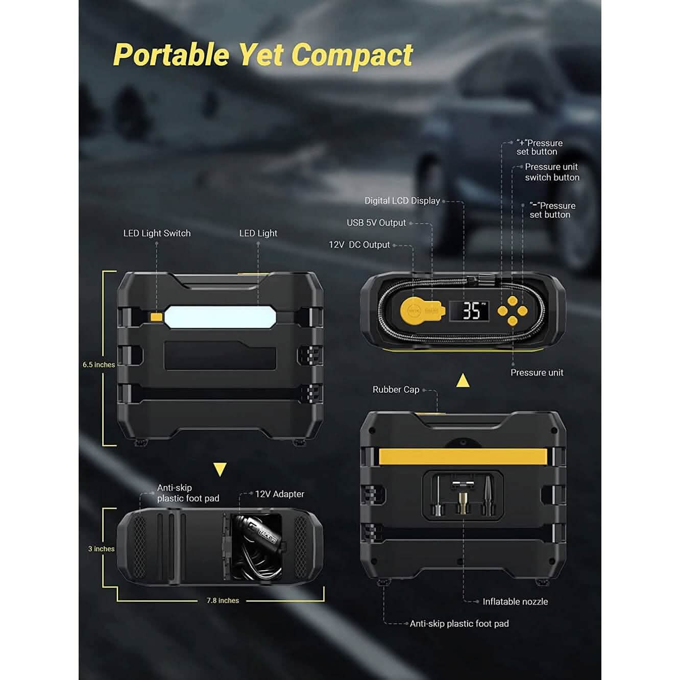 A6 Car Tire Inflator 12V DC Air Compressor Portable Multifunctional Tire Pump 3 LED Lights