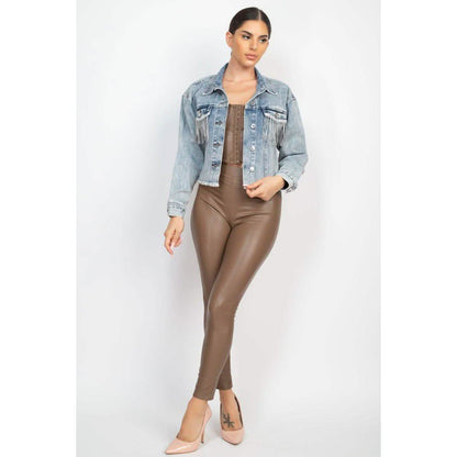 Accented Rhinestones Pocketed Denim Jacket