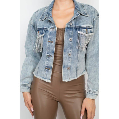 Accented Rhinestones Pocketed Denim Jacket