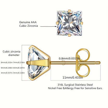 316 Stainless Steel Square Stud Earrings with Cubic Zirconia Accents