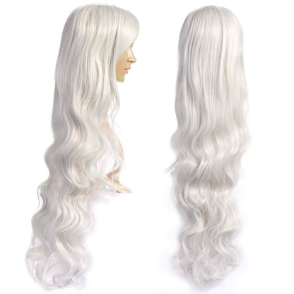AGPTEK 33 Inch Heat Resistant Curly Wavy Long Silver Hair Wig