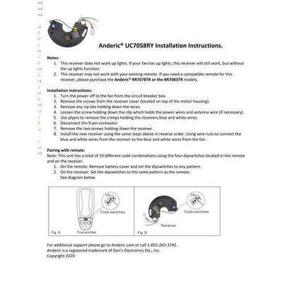 Anderic UC7058RKIT Replacement Ceiling Fan Remote Control Kit for Windward II 54-inch Ceiling Fans UC7058RY, RR7078TR