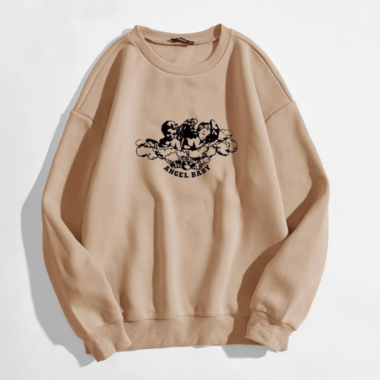 Angel and Letter Graphic Oversized Thermal Sweatshirt