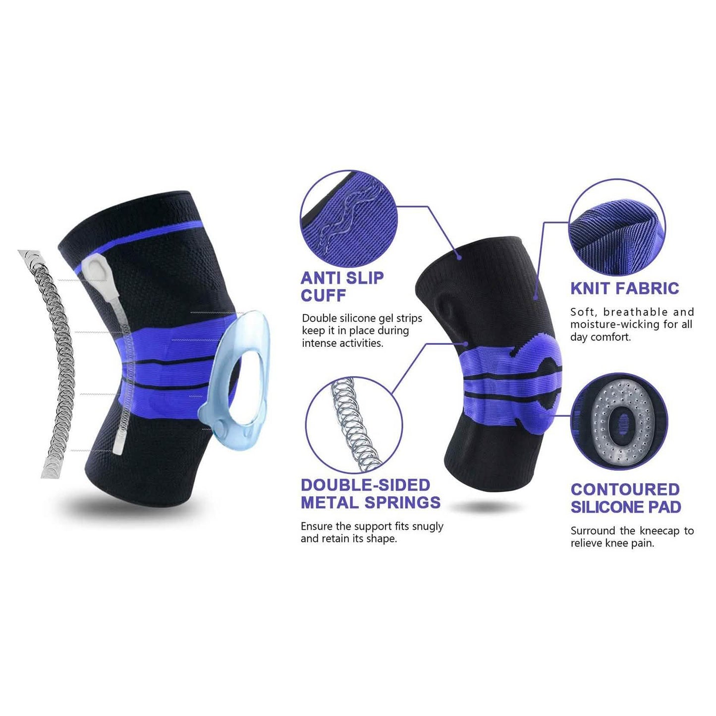 Anti Slip Springs Stabilizers Knee Compression Support Sleeve With Patella Gel Pad