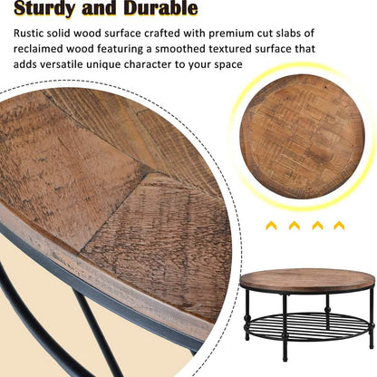 Antique Natural Coffee Table with Living Room Storage Rack