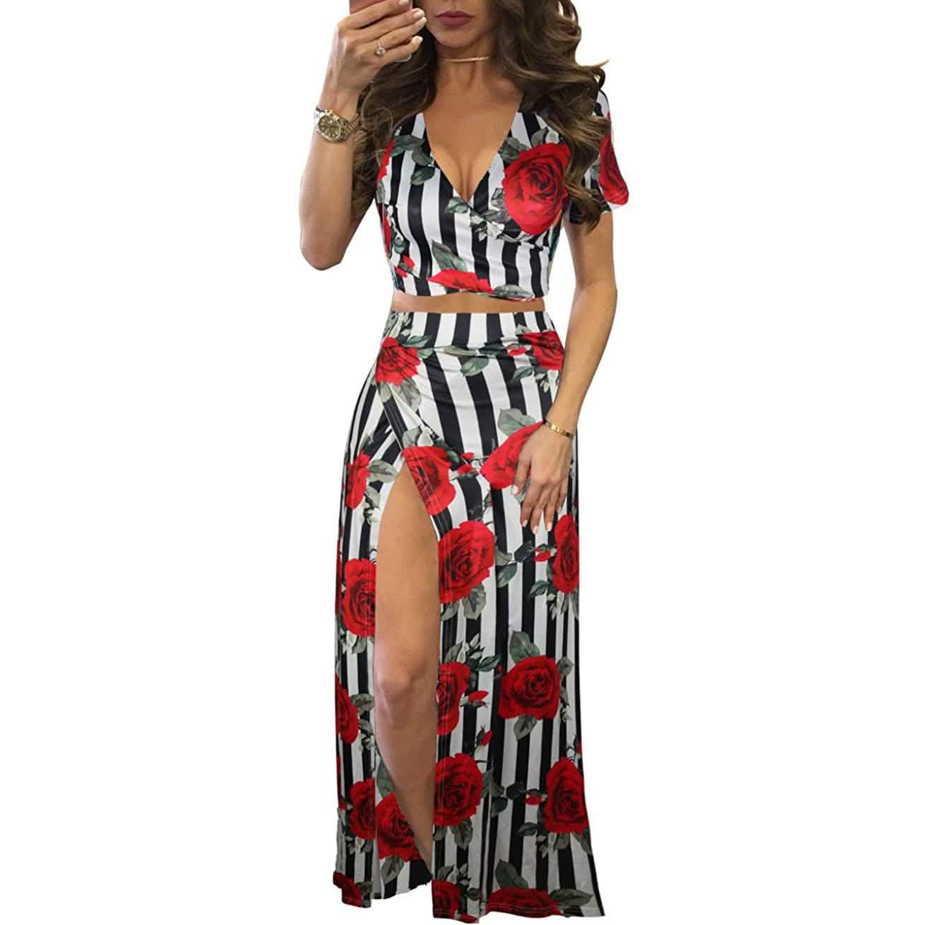 Aro Lora Women's Sexy V Neck Floral Printed Side Slit Two-Piece Maxi Dress