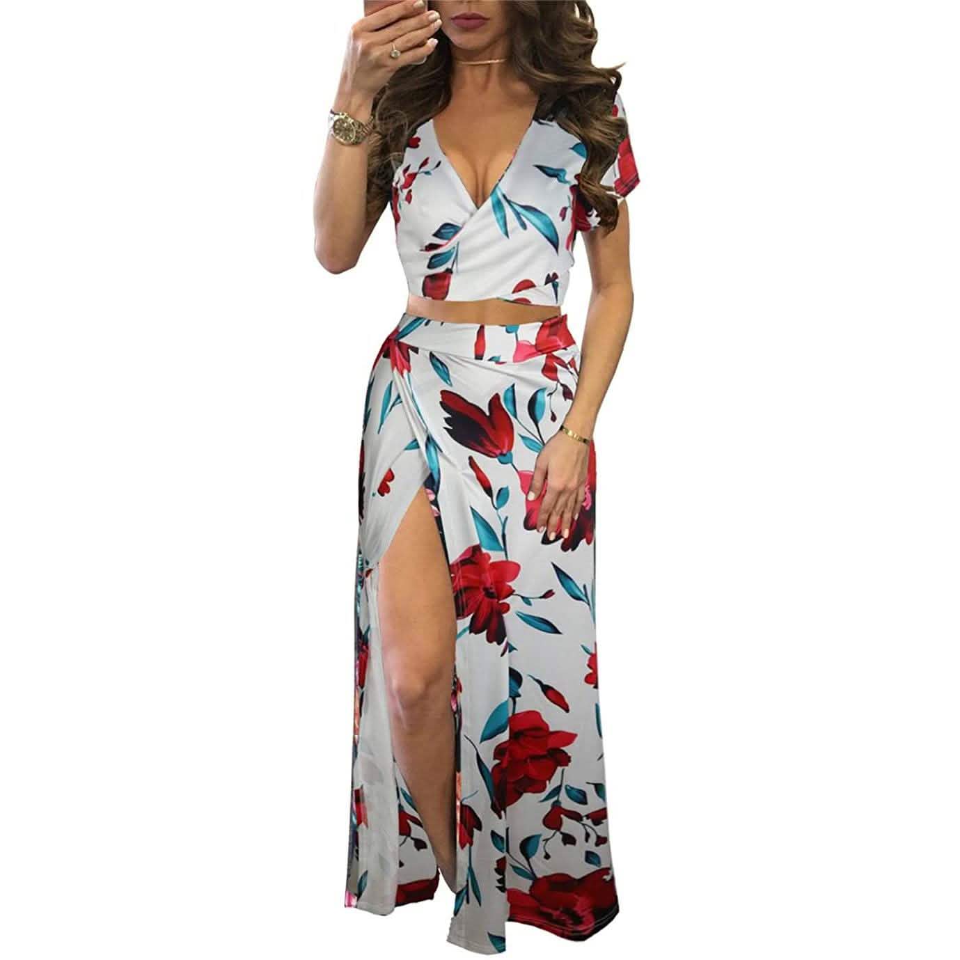 Aro Lora Women's Sexy V Neck Floral Printed Side Slit Two-Piece Maxi Dress