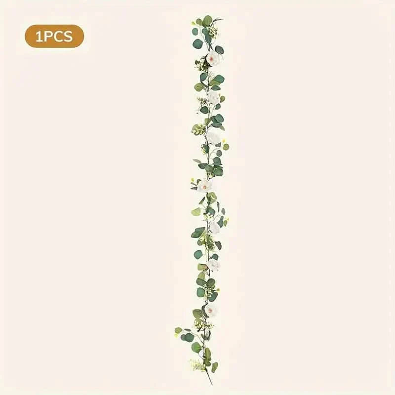 Artificial Eucalyptus Garland With Fake Roses & Gypsophila, Faux Floral Greenery