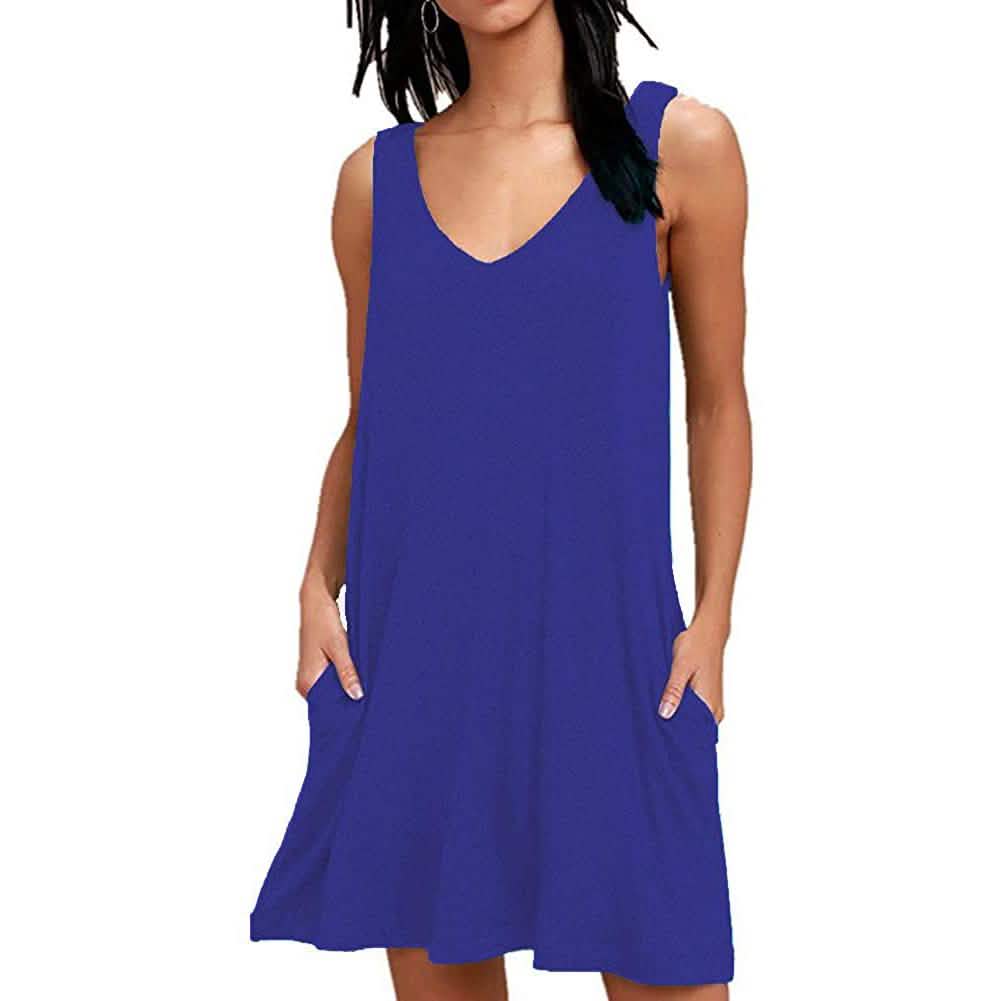Women Summer Casual T Shirt Dresses Beach Cover up Plain Pleated Tank Dress