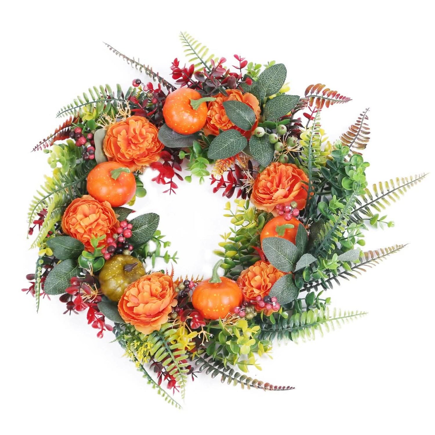Autumn Wreath with Pumpkin Mixed Leaves Berries Flower Fall