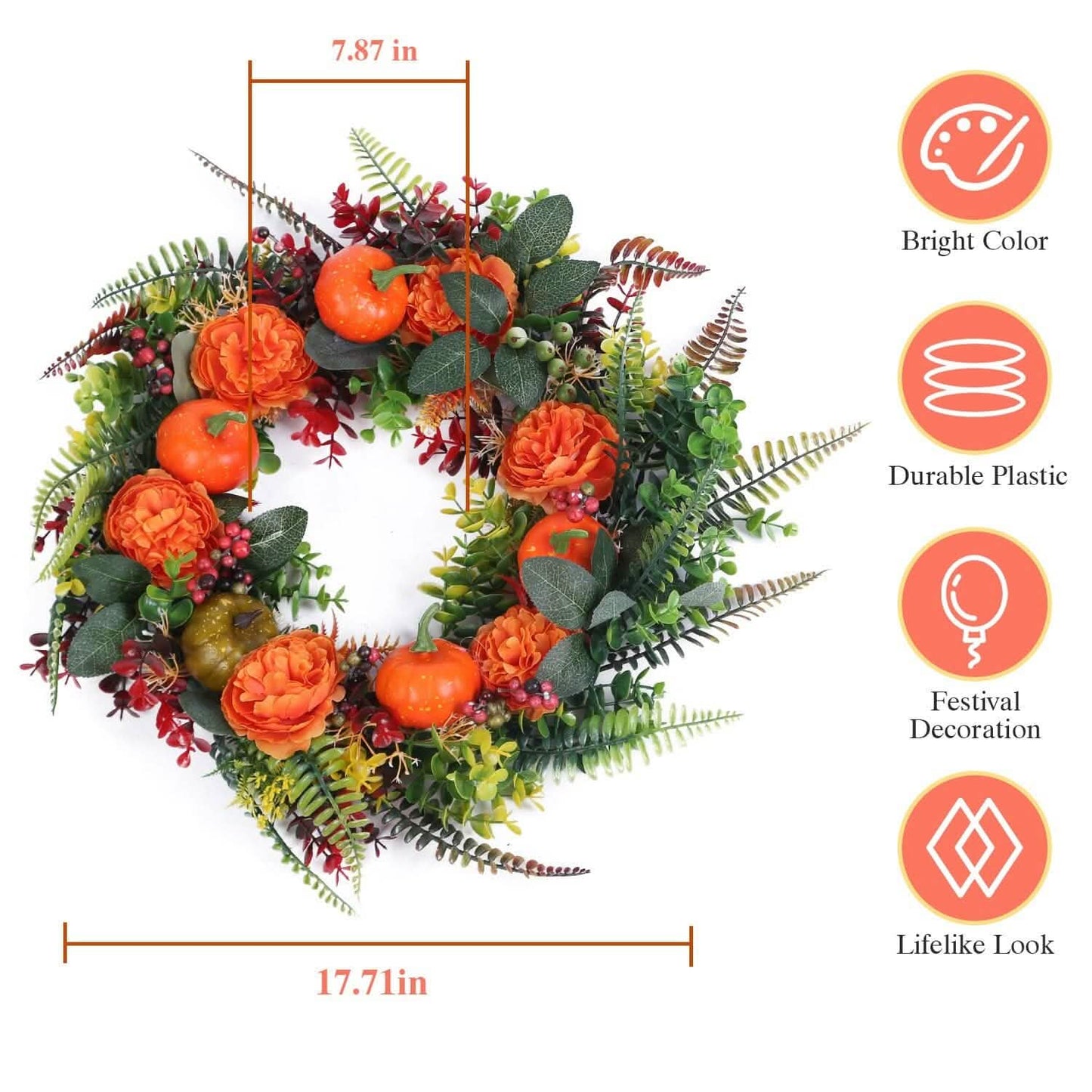 Autumn Wreath with Pumpkin Mixed Leaves Berries Flower Fall