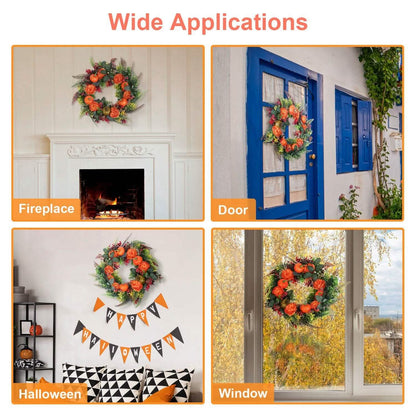 Autumn Wreath with Pumpkin Mixed Leaves Berries Flower Fall