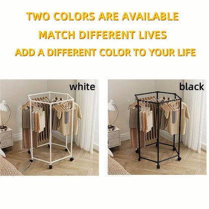 360 Rotating Freestanding Clothing Rack, Hexagonal Carbon Steel Organizer with Wheels