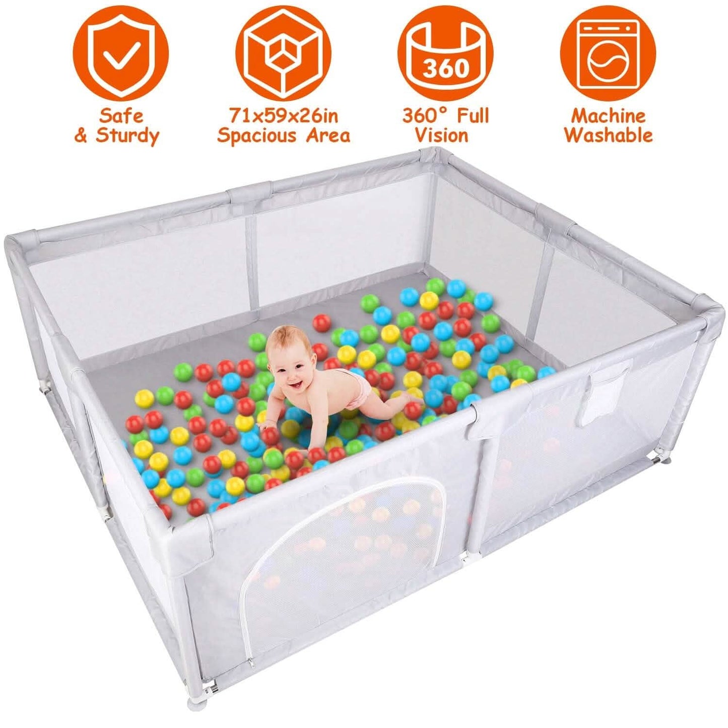 Baby Playpen with Anti-Suction Base Zipper Door