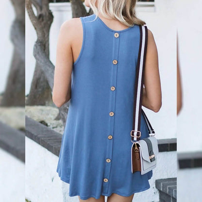Back Round Neck Single-Breasted Sleeveless Solid Color Dress