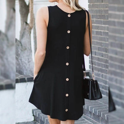 Back Round Neck Single-Breasted Sleeveless Solid Color Dress