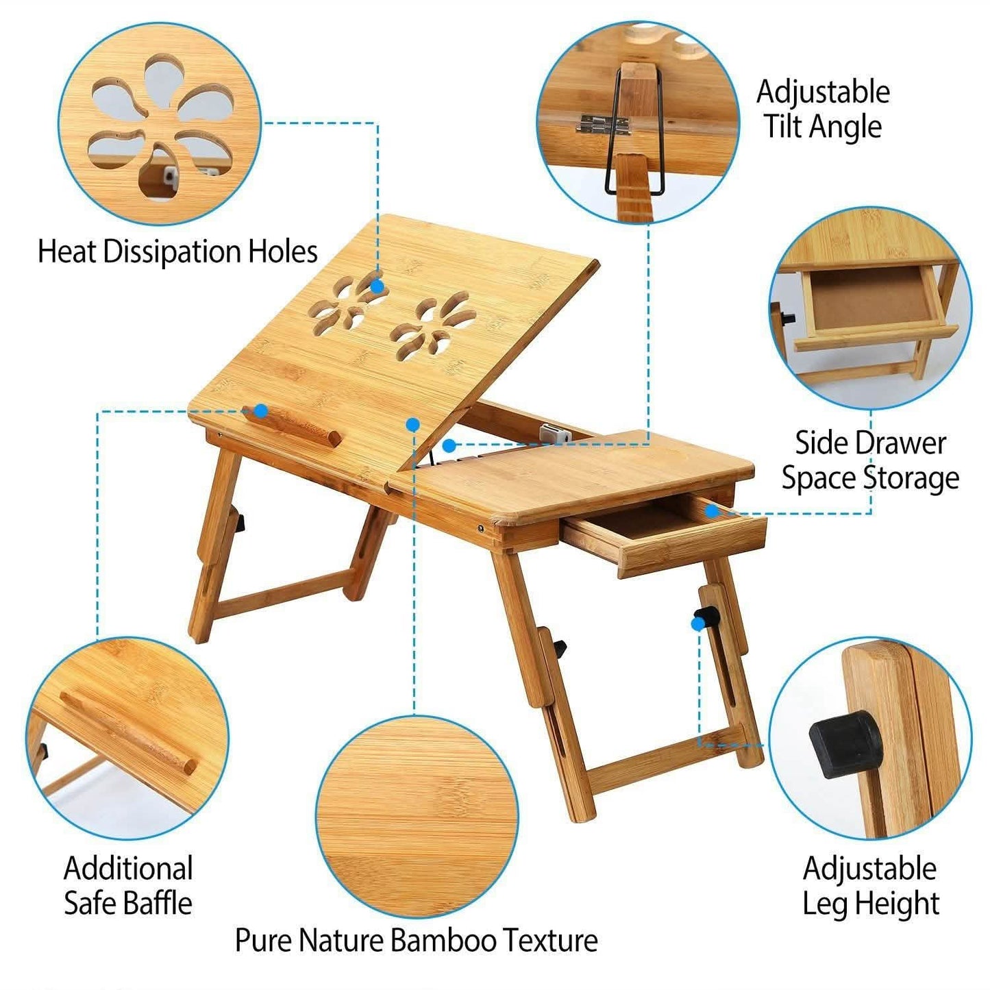 Bamboo Laptop Desk with Side Storage Drawer