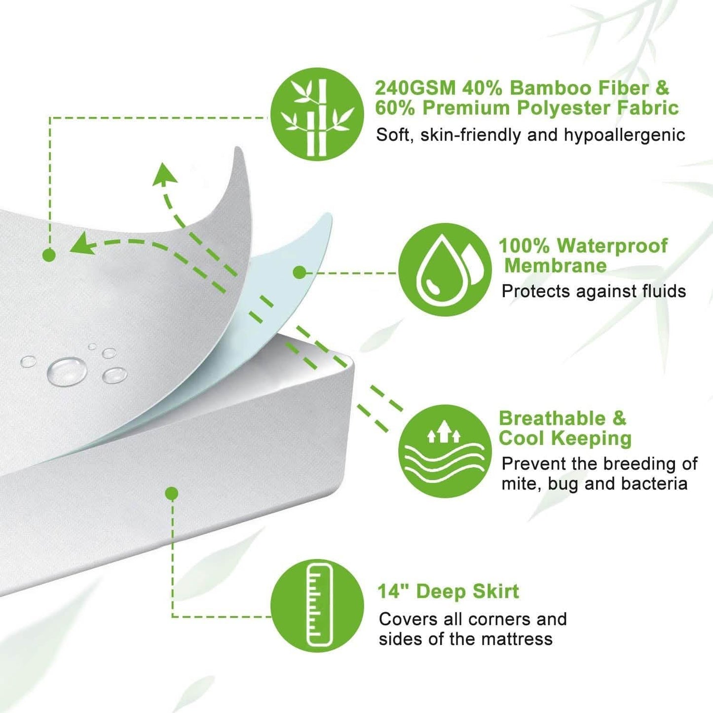 Bamboo Mattress Protector Hypoallergenic Waterproof Mattress Pad Cover