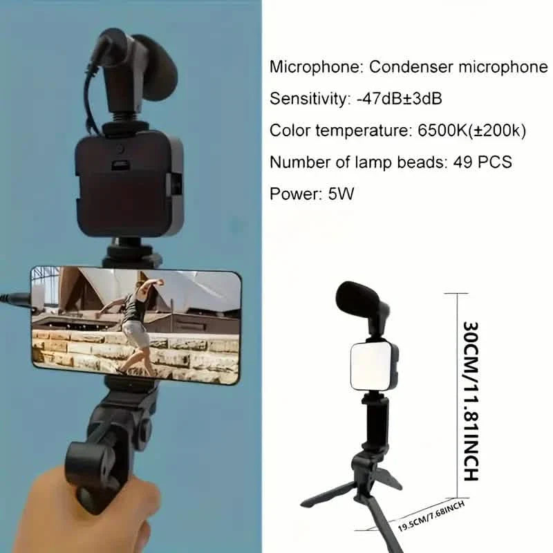 Beginner Video Blogging Kit with a 10-inch Tripod, Phone Holder, and Mini Shotgun Microphone