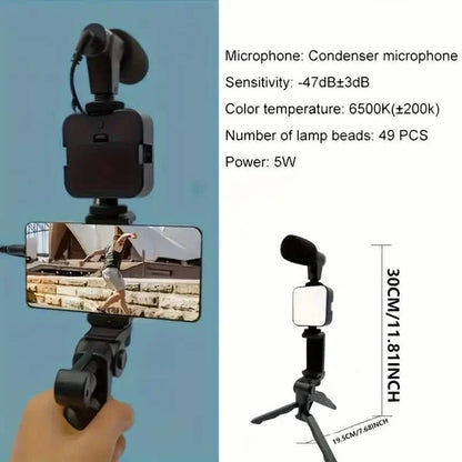 Beginner Video Blogging Kit with a 10-inch Tripod, Phone Holder, and Mini Shotgun Microphone