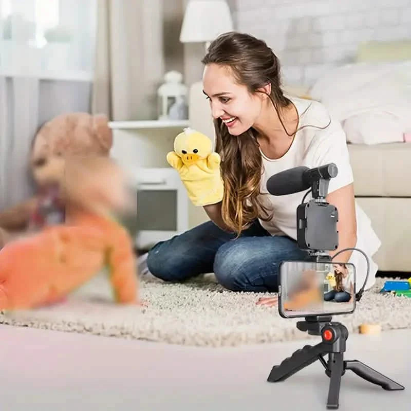 Beginner Video Blogging Kit with a 10-inch Tripod, Phone Holder, and Mini Shotgun Microphone