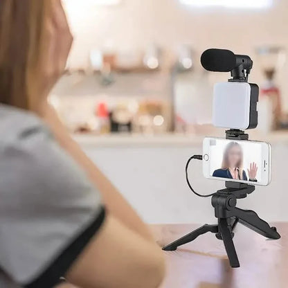 Beginner Video Blogging Kit with a 10-inch Tripod, Phone Holder, and Mini Shotgun Microphone