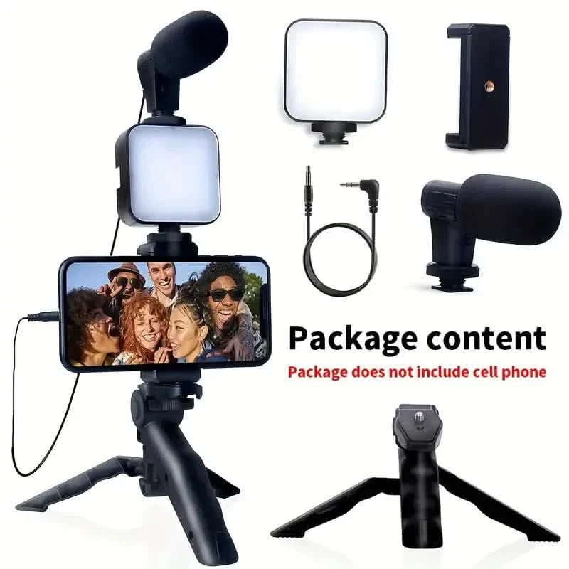 Beginner Video Blogging Kit with a 10-inch Tripod, Phone Holder, and Mini Shotgun Microphone